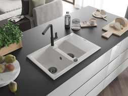 Mexen Gaspar granite sink 1.5-bowl with drainer and Flora kitchen tap, white - 6507-20-670401-70-B