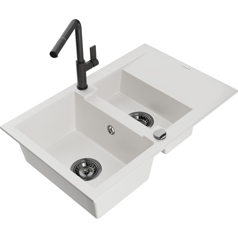 Mexen Gaspar granite sink 1.5-bowl with drainer and kitchen faucet Flora, white - 6507-20-670401-70-B