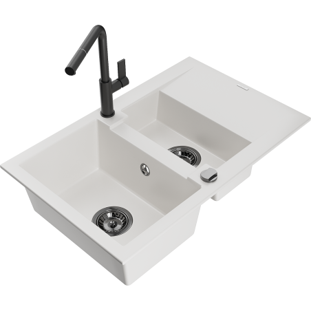 Mexen Gaspar 1.5-compartment granite sink with a drip tray and kitchen mixer tap Flora, White - 6507-20-670401-70-B