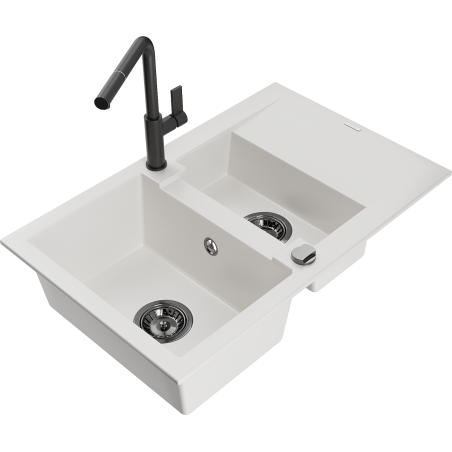 Mexen Gaspar granite sink 1.5-bowl with drainer and Flora kitchen tap, white - 6507-20-670401-70-B