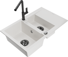Mexen Gaspar 1.5-compartment granite sink with a drip tray and kitchen mixer tap Flora, White - 6507-20-670401-70-B