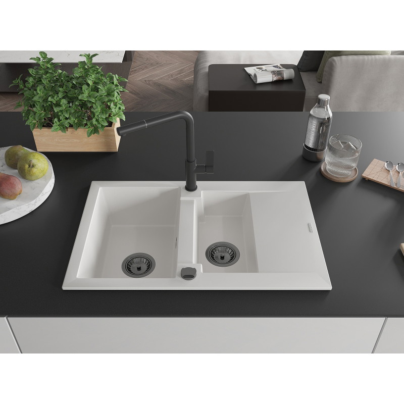 Mexen Gaspar granite sink 1.5-bowl with drainer and kitchen faucet Flora, white - 6507-20-670401-70-B