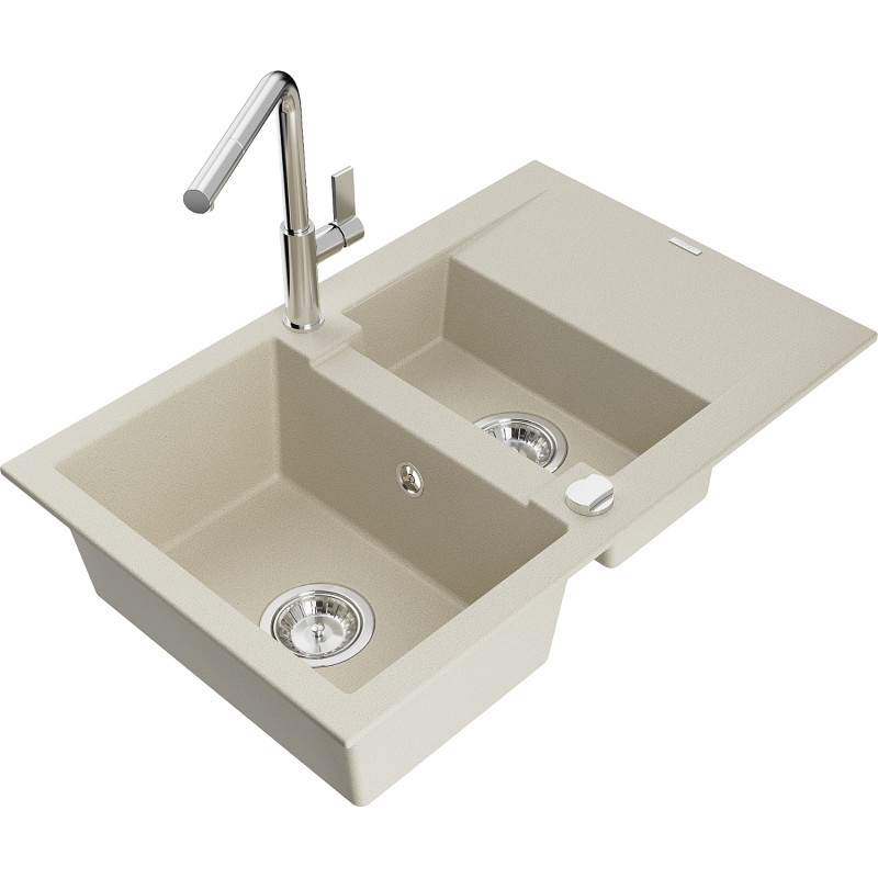 Mexen Gaspar 1.5-bowl granite kitchen sink with drainer and Flora faucet, beige - 6507-69-670401-00