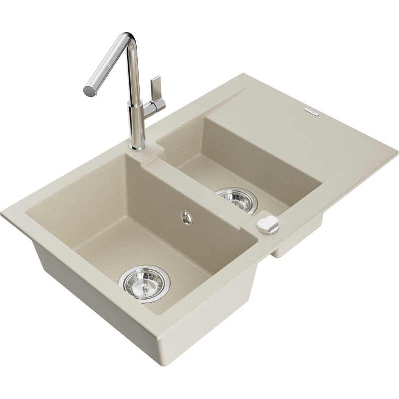 Mexen Gaspar granite sink 1.5-bowl with drainer and Flora kitchen tap, beige - 6507-69-670401-00
