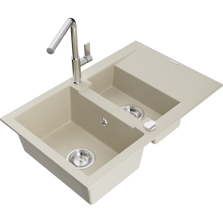 Mexen Gaspar granite sink 1.5-bowl with drainer and Flora kitchen tap, beige - 6507-69-670401-00