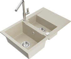 Mexen Gaspar 1.5-compartment granite sink with a drip tray and kitchen mixer tap Flora, Beige - 6507-69-670401-00