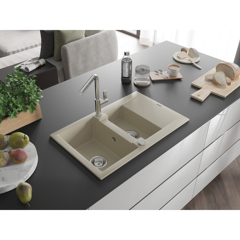 Mexen Gaspar 1.5-bowl granite kitchen sink with drainer and Flora faucet, beige - 6507-69-670401-00