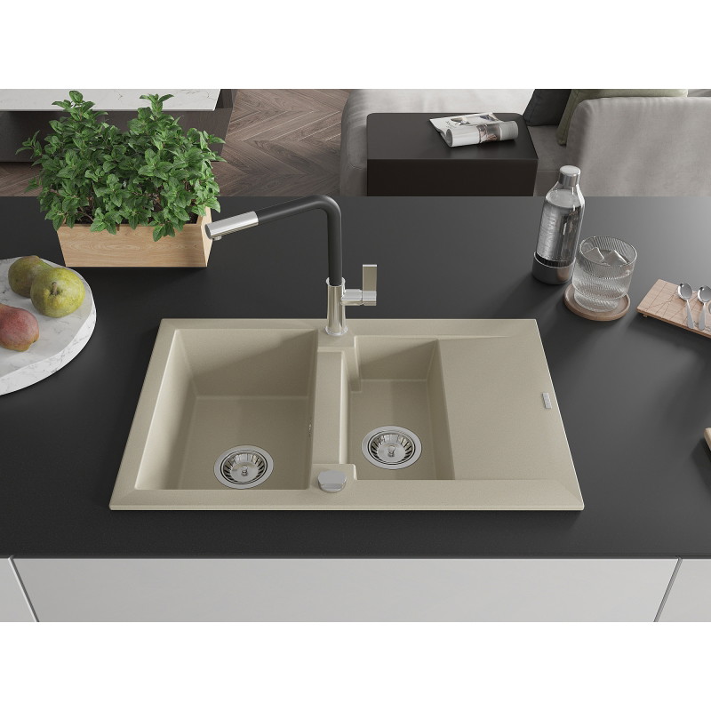 Mexen Gaspar 1.5-bowl granite sink with drainer and Flora kitchen faucet, beige - 6507-69-670401-07