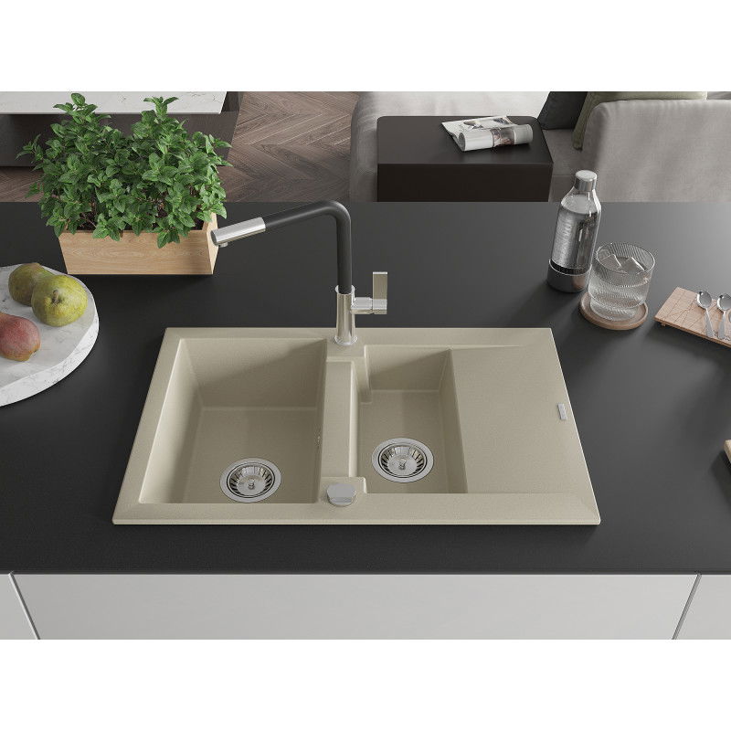 Mexen Gaspar granite sink 1.5-bowl with drainer and Flora kitchen tap, beige - 6507-69-670401-07