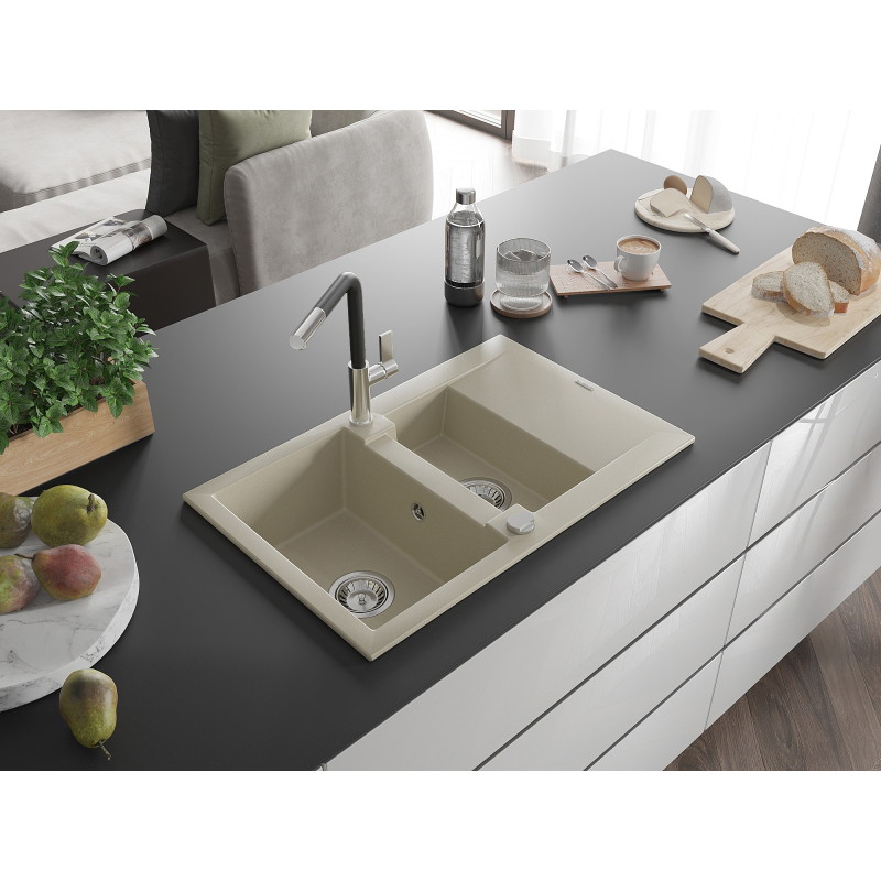 Mexen Gaspar 1.5-bowl granite sink with drainer and Flora kitchen faucet, beige - 6507-69-670401-07
