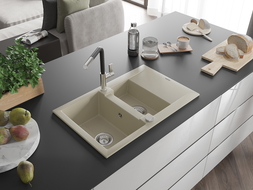 Mexen Gaspar granite sink 1.5-bowl with drainer and Flora kitchen tap, beige - 6507-69-670401-07