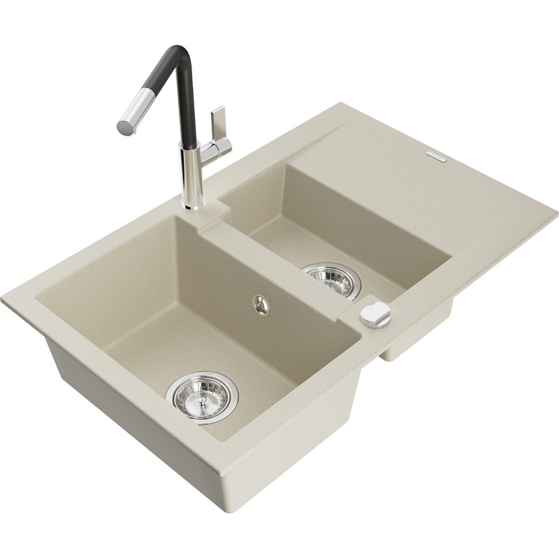 Mexen Gaspar 1.5-bowl granite sink with drainer and Flora kitchen faucet, beige - 6507-69-670401-07