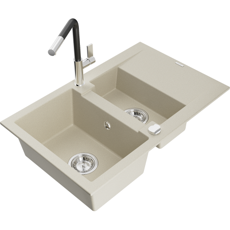 Mexen Gaspar granite sink 1.5-bowl with drainer and Flora kitchen tap, beige - 6507-69-670401-07