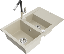Mexen Gaspar 1.5-compartment granite sink with a drip tray and kitchen mixer tap Flora, Beige - 6507-69-670401-07