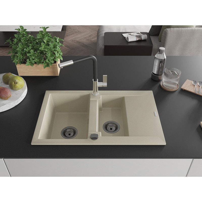 Mexen Gaspar 1.5-Bowl Granite Sink with Drainer and Flora Kitchen Faucet, Beige - 6507-69-670401-07-B