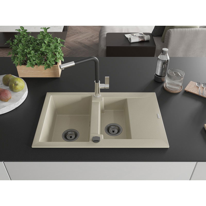 Mexen Gaspar granite sink 1.5-bowl with drainer and Flora kitchen tap, beige - 6507-69-670401-07-B
