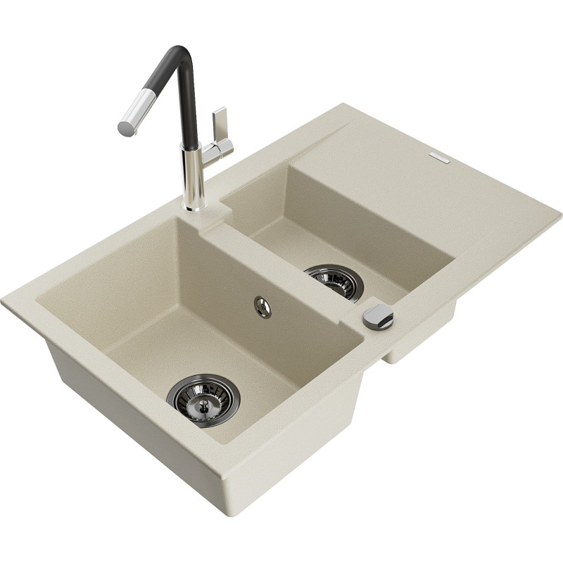Mexen Gaspar 1.5-Bowl Granite Sink with Drainer and Flora Kitchen Faucet, Beige - 6507-69-670401-07-B