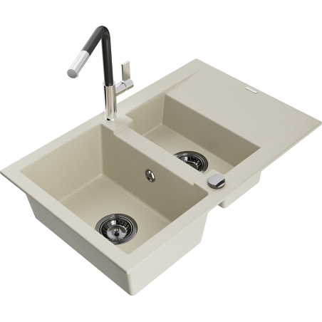 Mexen Gaspar 1.5-Bowl Granite Sink with Drainer and Flora Kitchen Faucet, Beige - 6507-69-670401-07-B