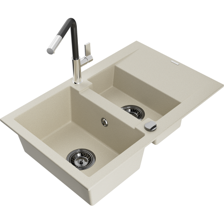 Mexen Gaspar 1.5-compartment granite sink with a drip tray and kitchen mixer tap Flora, Beige - 6507-69-670401-07-B