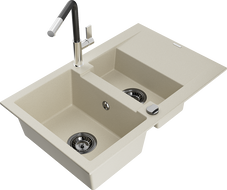 Mexen Gaspar 1.5-compartment granite sink with a drip tray and kitchen mixer tap Flora, Beige - 6507-69-670401-07-B
