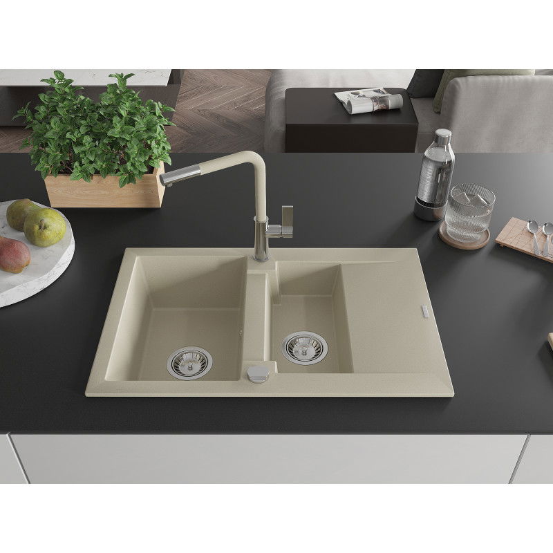 Mexen Gaspar 1.5-Bowl Granite Sink with Drainer and Flora Kitchen Tap, Beige - 6507-69-670401-09