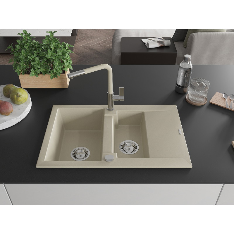Mexen Gaspar granite sink 1.5-bowl with drainer and Flora kitchen faucet, beige - 6507-69-670401-09