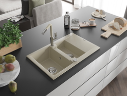 Mexen Gaspar 1.5-compartment granite sink with a drip tray and kitchen mixer tap Flora, Beige - 6507-69-670401-09
