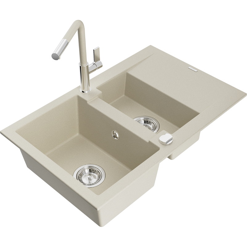 Mexen Gaspar 1.5-bowl granite sink with drainer and Flora kitchen faucet, beige - 6507-69-670401-09