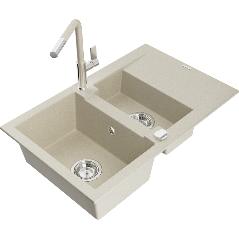 Mexen Gaspar 1.5-Bowl Granite Sink with Drainer and Flora Kitchen Tap, Beige - 6507-69-670401-09