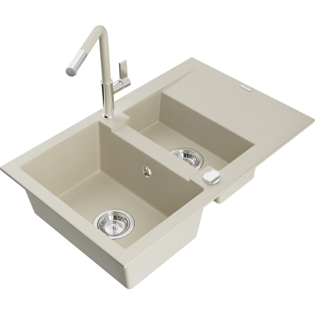 Mexen Gaspar 1.5-Bowl Granite Sink with Drainer and Flora Kitchen Tap, Beige - 6507-69-670401-09