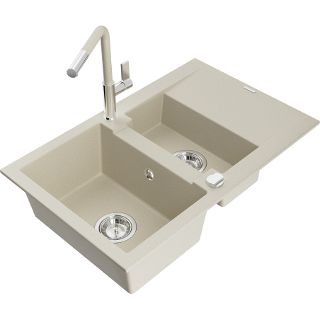 Mexen Gaspar granite sink 1.5-bowl with drainer and Flora kitchen faucet, beige - 6507-69-670401-09