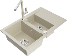 Mexen Gaspar 1.5-compartment granite sink with a drip tray and kitchen mixer tap Flora, Beige - 6507-69-670401-09
