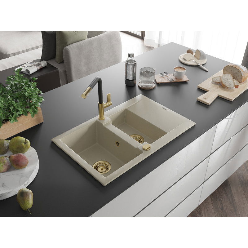 Mexen Gaspar granite sink with 1.5 bowls, drainer and Flora kitchen tap, beige - 6507-69-670401-57-G
