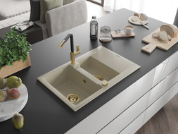 Mexen Gaspar 1.5-bowl granite sink with drainer and Flora kitchen faucet, beige - 6507-69-670401-57-G