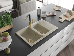 Mexen Gaspar granite sink with 1.5 bowls, drainer and Flora kitchen tap, beige - 6507-69-670401-57-G