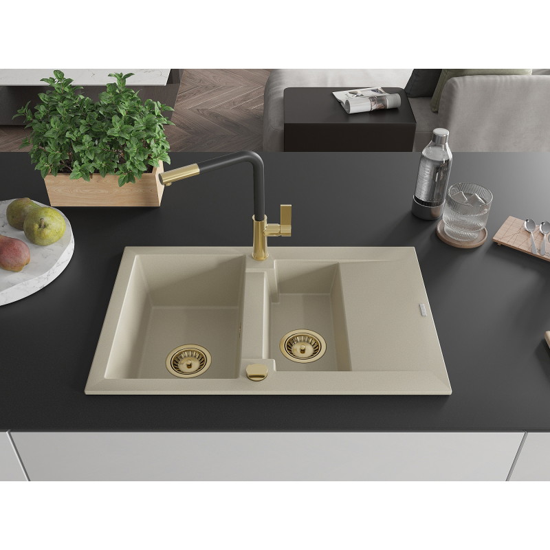Mexen Gaspar 1.5-bowl granite sink with drainer and Flora kitchen faucet, beige - 6507-69-670401-57-G