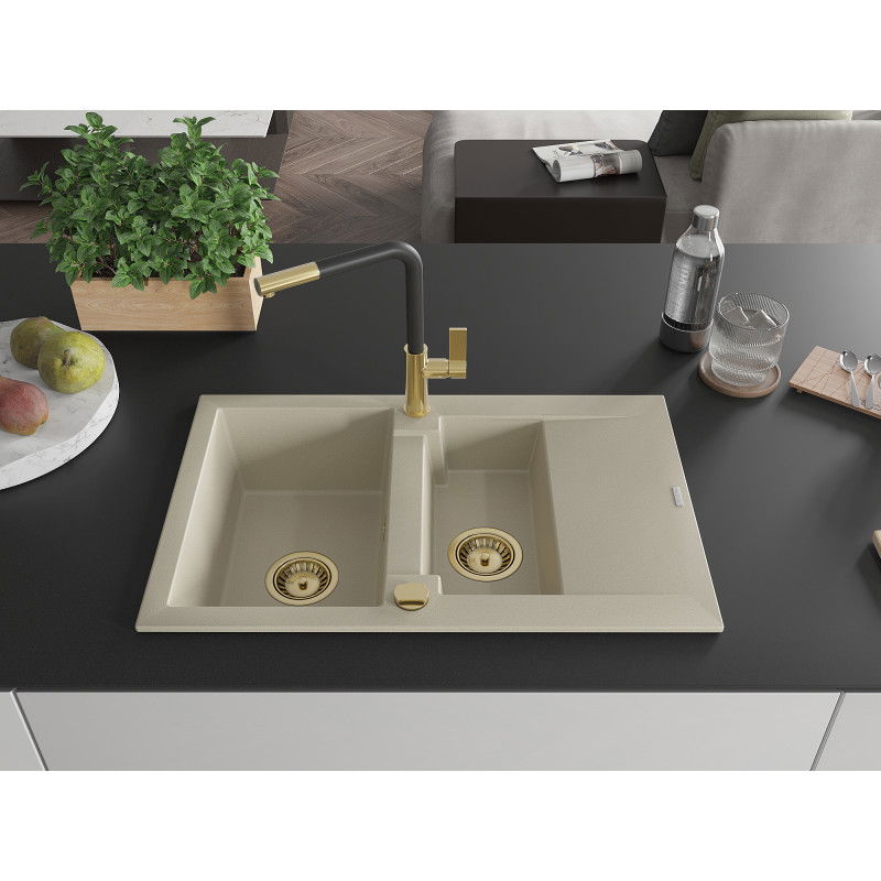 Mexen Gaspar granite sink with 1.5 bowls, drainer and Flora kitchen tap, beige - 6507-69-670401-57-G