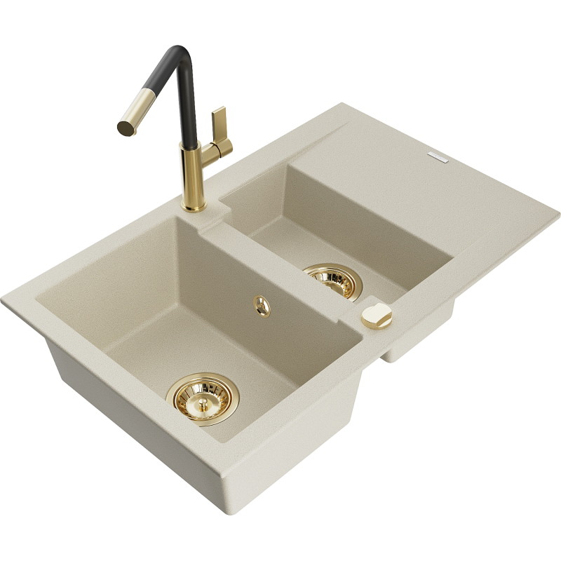 Mexen Gaspar 1.5-bowl granite sink with drainer and Flora kitchen faucet, beige - 6507-69-670401-57-G