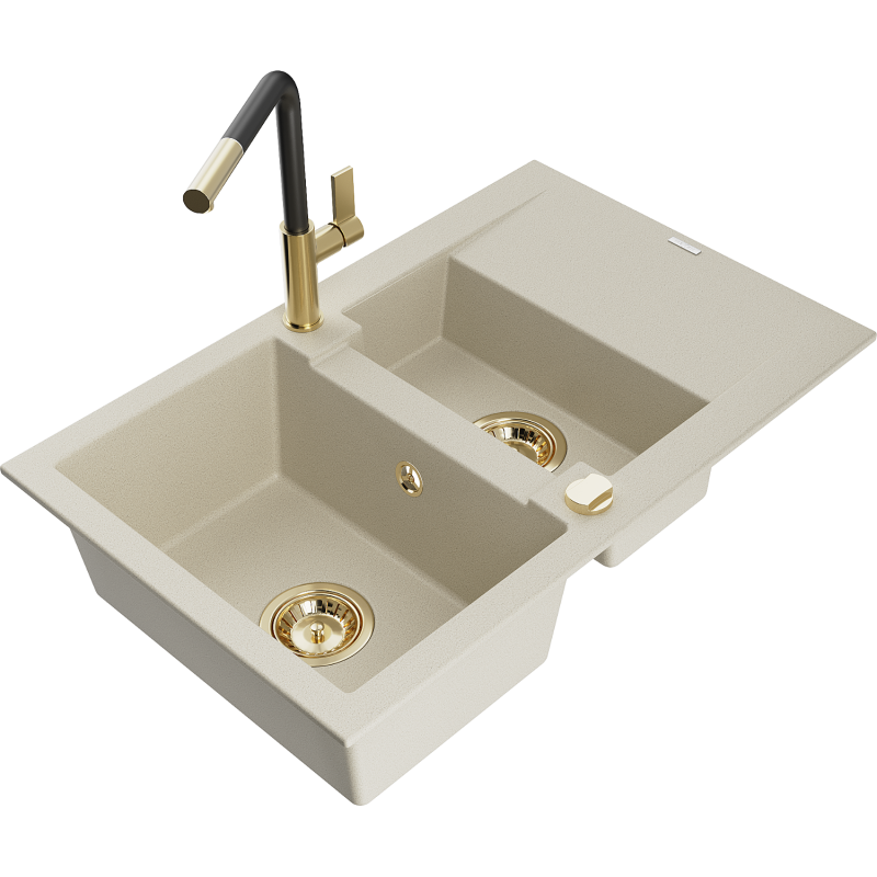 Mexen Gaspar granite sink with 1.5 bowls, drainer and Flora kitchen tap, beige - 6507-69-670401-57-G