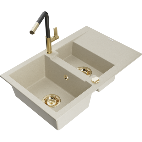 Mexen Gaspar 1.5-bowl granite sink with drainer and Flora kitchen faucet, beige - 6507-69-670401-57-G