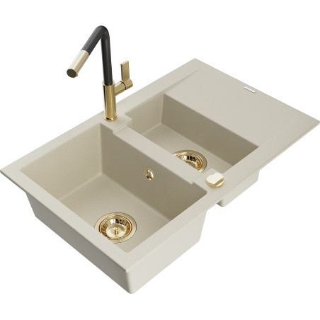 Mexen Gaspar granite sink with 1.5 bowls, drainer and Flora kitchen tap, beige - 6507-69-670401-57-G