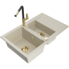 Mexen Gaspar granite sink with 1.5 bowls, drainer and Flora kitchen tap, beige - 6507-69-670401-57-G