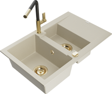 Mexen Gaspar granite sink with 1.5 bowls, drainer and Flora kitchen tap, beige - 6507-69-670401-57-G