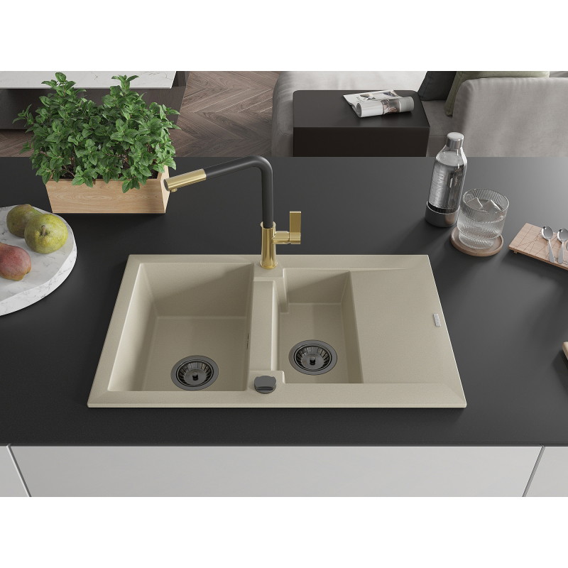 Mexen Gaspar 1.5-bowl granite sink with drainer and Flora kitchen faucet, beige - 6507-69-670401-57-B
