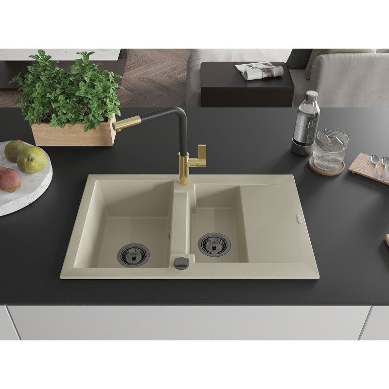 Mexen Gaspar granite sink 1.5-bowl with drainer and Flora kitchen tap, beige - 6507-69-670401-57-B