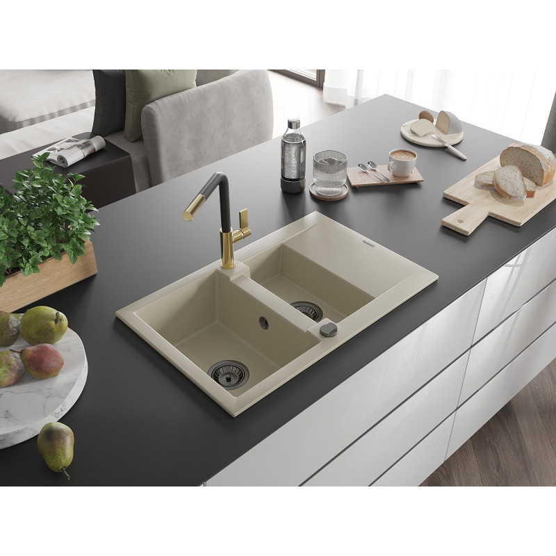 Mexen Gaspar 1.5-bowl granite sink with drainer and Flora kitchen faucet, beige - 6507-69-670401-57-B