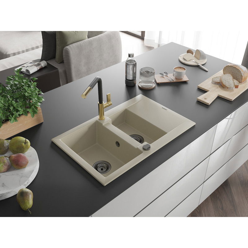 Mexen Gaspar granite sink 1.5-bowl with drainer and Flora kitchen tap, beige - 6507-69-670401-57-B