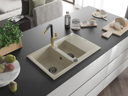 Mexen Gaspar 1.5-compartment granite sink with a drip tray and kitchen mixer tap Flora, Beige - 6507-69-670401-57-B