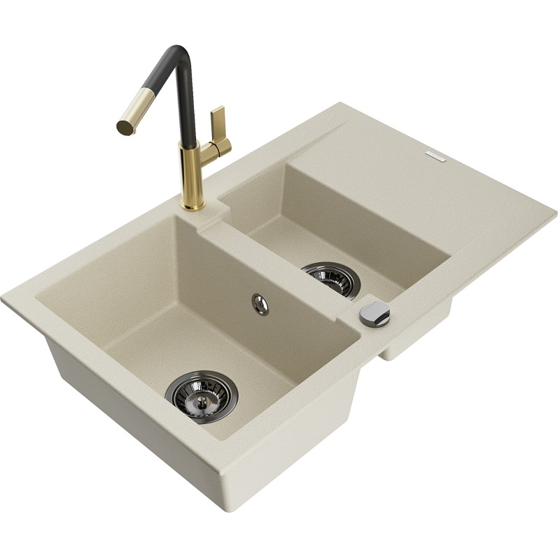 Mexen Gaspar 1.5-bowl granite sink with drainer and Flora kitchen faucet, beige - 6507-69-670401-57-B