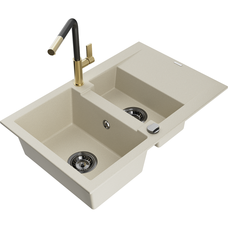 Mexen Gaspar 1.5-compartment granite sink with a drip tray and kitchen mixer tap Flora, Beige - 6507-69-670401-57-B